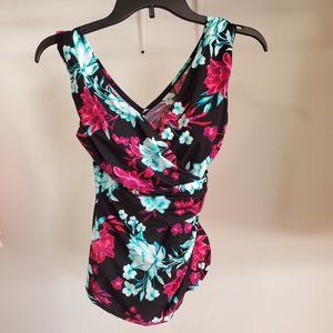 NWT Lands' End Womens Slender V-Neck Tunic 1 Piece Swimsuit 4 Petite $150 FLA224